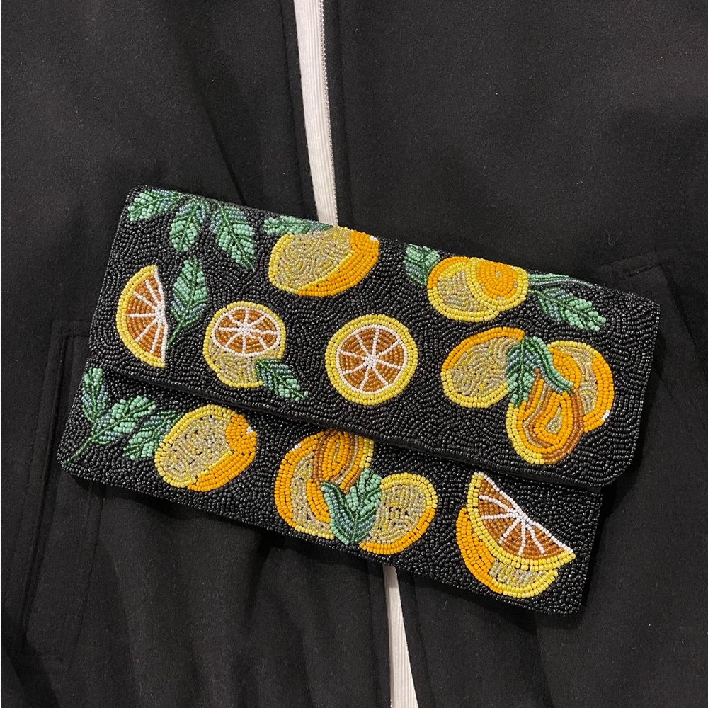 Lemon Beaded Clutch bag Black beaded clutch bag beaded shoulder bag NWT - Picture 6 of 8